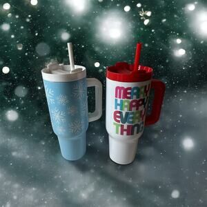 2- New 40 oz Stainless Steel Tumbler Christmas Cups Blue Snowflakes Merry Happy